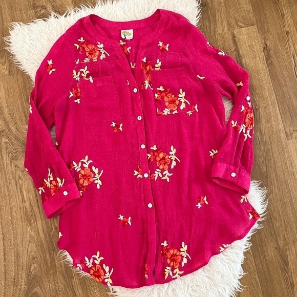 Anthropologie Fig and Flower Pink Embroidered Floral Button Down Top | Size L - Picture 1 of 6